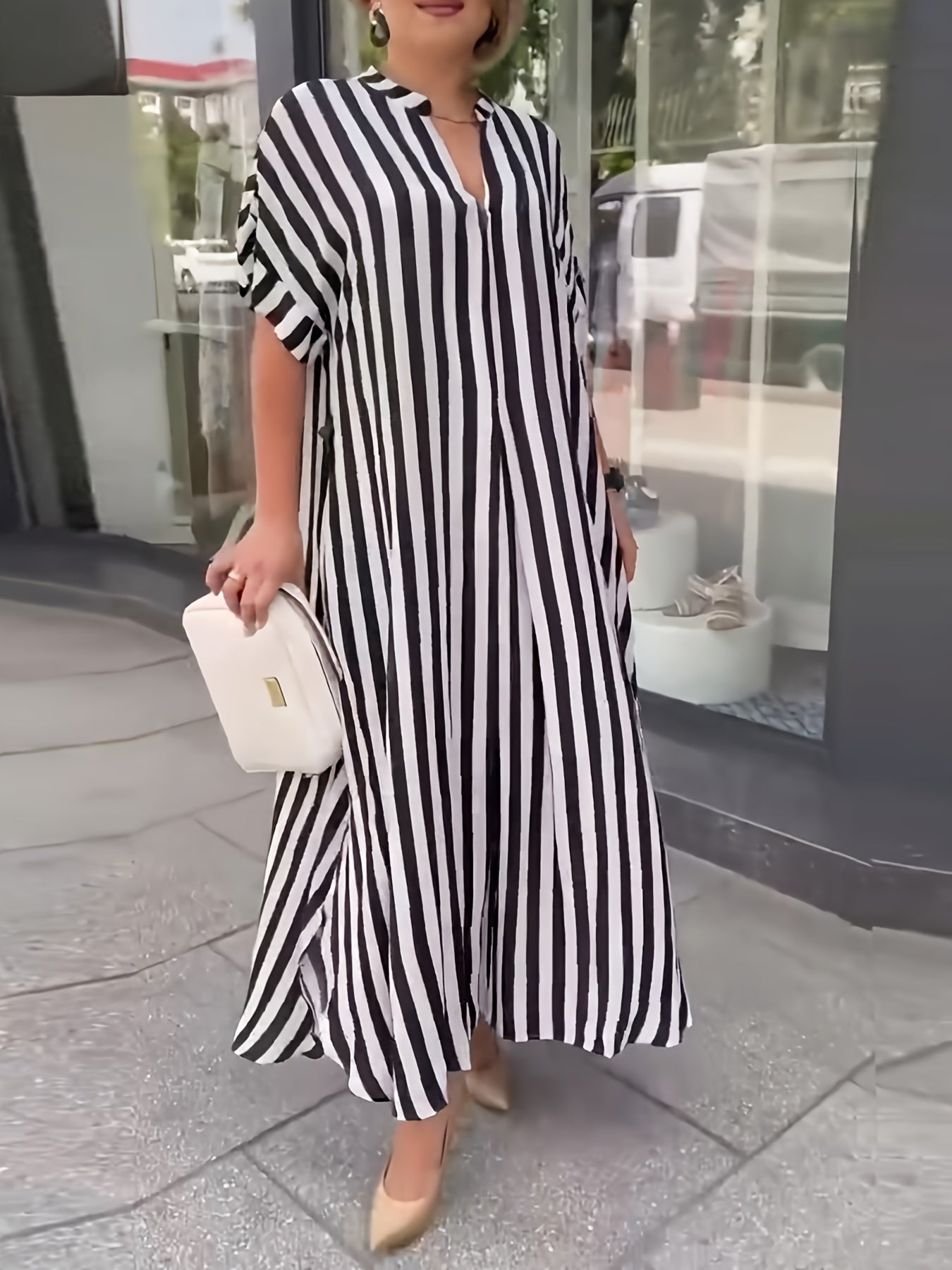 Women'S Plus Size Black & White Striped Shirt Dress - Casual V-Neck, Short Sleeve, Mid-Length with Chest Pocket, Loose Fit for Spring/Summer/Fall, Casual Attire|Vneck Dress|Nonpadded Dres